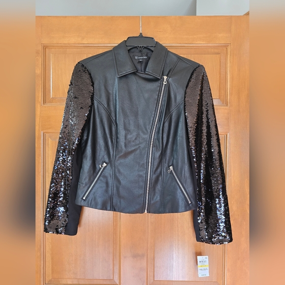 INC International Concepts Black Leather Jacket with Sequin Sleeves - Picture 1 of 4